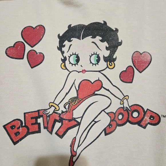 Betty Boop Tops - Betty Boop Graphic Hoodie Sweatshirt Beige XLarge Hearts Licensed